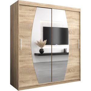 InspireMe - Kledingkast met 2 schuifdeuren, Modern-stijl, Een kledingkast met planken en een spiegel (BxHxD): 180x200x62 - GLOBE 180 Sonoma Eik met 4 lades