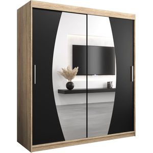 InspireMe - Kledingkast met 2 schuifdeuren, Modern-stijl, Een kledingkast met planken en een spiegel (BxHxD): 180x200x62 - GLOBE 180 Sonoma Eik + Zwart Mat met 4 lades