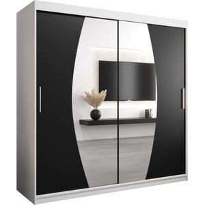 InspireMe - Kledingkast met 2 schuifdeuren, Modern-stijl, Een kledingkast met planken en een spiegel (BxHxD): 200x200x62 - GLOBE 200 Wit Mat + Zwart
