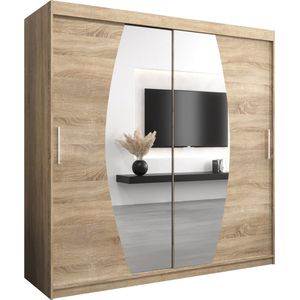 InspireMe - Kledingkast met 2 schuifdeuren, Modern-stijl, Een kledingkast met planken en een spiegel (BxHxD): 200x200x62 - GLOBE 200 Sonoma Eik met 4 lades