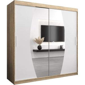 InspireMe - Kledingkast met 2 schuifdeuren, Modern-stijl, Een kledingkast met planken en een spiegel (BxHxD): 200x200x62 - GLOBE 200 Sonoma Eik + Wit Mat