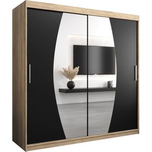 InspireMe - Kledingkast met 2 schuifdeuren, Modern-stijl, Een kledingkast met planken en een spiegel (BxHxD): 200x200x62 - GLOBE 200 Sonoma Eik + Zwart Mat met 4 lades