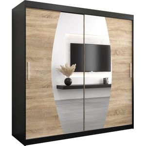 InspireMe - Kledingkast met 2 schuifdeuren, Modern-stijl, Een kledingkast met planken en een spiegel (BxHxD): 200x200x62 - GLOBE 200 Zwart Mat + Sonoma Eik