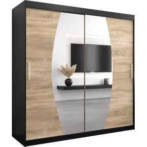InspireMe - Kledingkast met 2 schuifdeuren, Modern-stijl, Een kledingkast met planken en een spiegel (BxHxD): 200x200x62 - GLOBE 200 Zwart Mat + Sonoma Eik met 4 lades