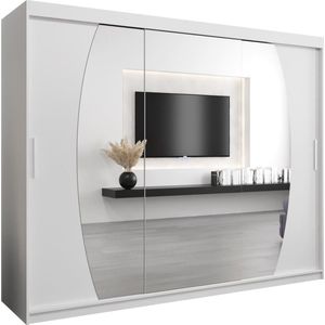 InspireMe - Kledingkast met 3 schuifdeuren, Modern-stijl, Een kledingkast met planken en een spiegel (BxHxD): 250x200x62 - GLOBE 250 Wit Mat mat 4 lades