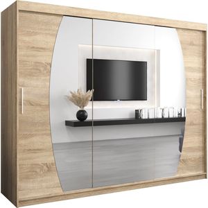 InspireMe - Kledingkast met 3 schuifdeuren, Modern-stijl, Een kledingkast met planken en een spiegel (BxHxD): 250x200x62 - GLOBE 250 Sonoma Eik