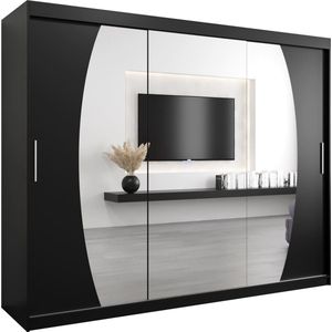 InspireMe - Kledingkast met 3 schuifdeuren, Modern-stijl, Een kledingkast met planken en een spiegel (BxHxD): 250x200x62 - GLOBE 250 Zwart Mat mat 4 lades