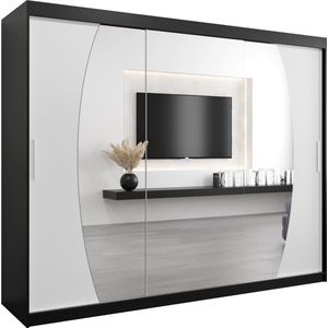 InspireMe - Kledingkast met 3 schuifdeuren, Modern-stijl, Een kledingkast met planken en een spiegel (BxHxD): 250x200x62 - GLOBE 250 Zwart Mat + Wit Mat