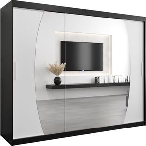 InspireMe - Kledingkast met 3 schuifdeuren, Modern-stijl, Een kledingkast met planken en een spiegel (BxHxD): 250x200x62 - GLOBE 250 Zwart Mat + Wit Mat mat 4 lades