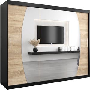 InspireMe - Kledingkast met 3 schuifdeuren, Modern-stijl, Een kledingkast met planken en een spiegel (BxHxD): 250x200x62 - GLOBE 250 Zwart Mat + Sonoma Eik