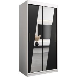 InspireMe - Kledingkast met 2 schuifdeuren, Modern-stijl, Een kledingkast met planken en een spiegel (BxHxD): 100x200x62 - THOR 100 Wit Mat + Zwart