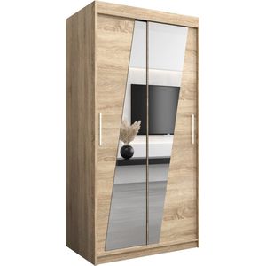 InspireMe - Kledingkast met 2 schuifdeuren, Modern-stijl, Een kledingkast met planken en een spiegel (BxHxD): 100x200x62 - THOR 100 Sonoma Eik