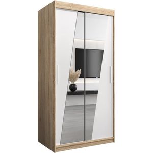InspireMe - Kledingkast met 2 schuifdeuren, Modern-stijl, Een kledingkast met planken en een spiegel (BxHxD): 100x200x62 - THOR 100 Sonoma Eik + Wit Mat
