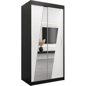 InspireMe - Kledingkast met 2 schuifdeuren, Modern-stijl, Een kledingkast met planken en een spiegel (BxHxD): 100x200x62 - THOR 100 Zwart Mat + Wit Mat