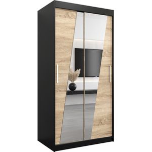 InspireMe - Kledingkast met 2 schuifdeuren, Modern-stijl, Een kledingkast met planken en een spiegel (BxHxD): 100x200x62 - THOR 100 Zwart Mat + Sonoma Eik