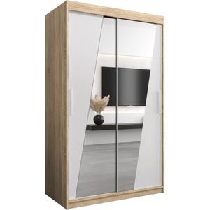 InspireMe - Kledingkast met 2 schuifdeuren, Modern-stijl, Een kledingkast met planken en een spiegel (BxHxD): 120x200x62 - THOR 120 Sonoma Eik + Wit Mat met 2 lades