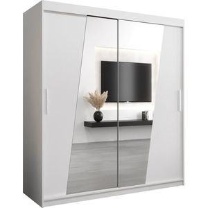 InspireMe - Kledingkast met 2 schuifdeuren, Modern-stijl, Een kledingkast met planken en een spiegel (BxHxD): 180x200x62 - THOR 180 Wit Mat met 4 lades