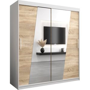 InspireMe - Kledingkast met 2 schuifdeuren, Modern-stijl, Een kledingkast met planken en een spiegel (BxHxD): 180x200x62 - THOR 180 Wit Mat + Sonoma Eik