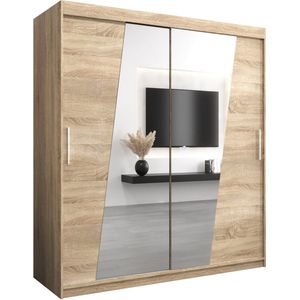 InspireMe - Kledingkast met 2 schuifdeuren, Modern-stijl, Een kledingkast met planken en een spiegel (BxHxD): 180x200x62 - THOR 180 Sonoma Eik met 4 lades