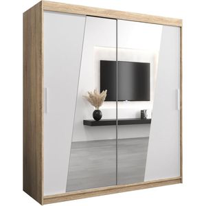 InspireMe - Kledingkast met 2 schuifdeuren, Modern-stijl, Een kledingkast met planken en een spiegel (BxHxD): 180x200x62 - THOR 180 Sonoma Eik + Wit Mat met 4 lades
