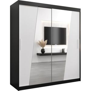 InspireMe - Kledingkast met 2 schuifdeuren, Modern-stijl, Een kledingkast met planken en een spiegel (BxHxD): 180x200x62 - THOR 180 Zwart Mat + Wit Mat