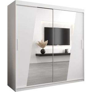 InspireMe - Kledingkast met 2 schuifdeuren, Modern-stijl, Een kledingkast met planken en een spiegel (BxHxD): 200x200x62 - THOR 200 Wit Mat met 4 lades