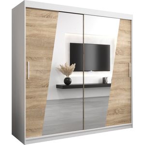 InspireMe - Kledingkast met 2 schuifdeuren, Modern-stijl, Een kledingkast met planken en een spiegel (BxHxD): 200x200x62 - THOR 200 Wit Mat + Sonoma Eik met 4 lades
