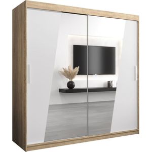 InspireMe - Kledingkast met 2 schuifdeuren, Modern-stijl, Een kledingkast met planken en een spiegel (BxHxD): 200x200x62 - THOR 200 Sonoma Eik + Wit Mat met 4 lades
