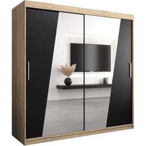 InspireMe - Kledingkast met 2 schuifdeuren, Modern-stijl, Een kledingkast met planken en een spiegel (BxHxD): 200x200x62 - THOR 200 Sonoma Eik + Zwart Mat met 4 lades