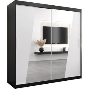 InspireMe - Kledingkast met 2 schuifdeuren, Modern-stijl, Een kledingkast met planken en een spiegel (BxHxD): 200x200x62 - THOR 200 Zwart Mat + Wit Mat met 4 lades