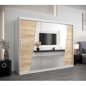 InspireMe - Kledingkast met 3 schuifdeuren, Modern-stijl, Een kledingkast met planken en een spiegel (BxHxD): 250x200x62 - THOR 250 Wit Mat + Sonoma Eik mat 4 lades