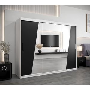 InspireMe - Kledingkast met 3 schuifdeuren, Modern-stijl, Een kledingkast met planken en een spiegel (BxHxD): 250x200x62 - THOR 250 Wit Mat + Zwart mat 4 lades