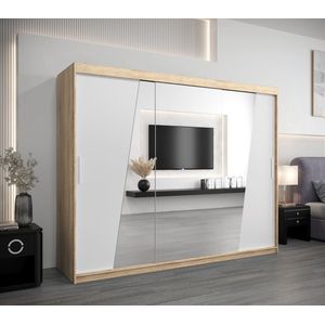 InspireMe - Kledingkast met 3 schuifdeuren, Modern-stijl, Een kledingkast met planken en een spiegel (BxHxD): 250x200x62 - THOR 250 Sonoma Eik + Wit Mat