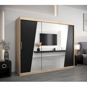 InspireMe - Kledingkast met 3 schuifdeuren, Modern-stijl, Een kledingkast met planken en een spiegel (BxHxD): 250x200x62 - THOR 250 Sonoma Eik + Zwart Mat