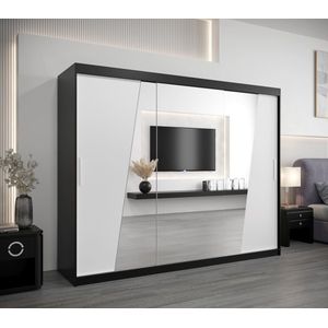 InspireMe - Kledingkast met 3 schuifdeuren, Modern-stijl, Een kledingkast met planken en een spiegel (BxHxD): 250x200x62 - THOR 250 Zwart Mat + Wit Mat mat 4 lades