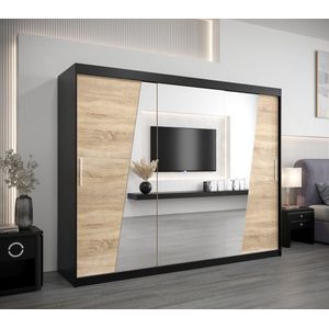 InspireMe - Kledingkast met 3 schuifdeuren, Modern-stijl, Een kledingkast met planken en een spiegel (BxHxD): 250x200x62 - THOR 250 Zwart Mat + Sonoma Eik mat 4 lades