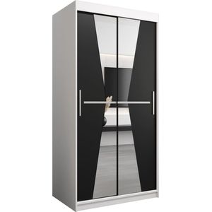 InspireMe - Kledingkast met 2 schuifdeuren, Modern-stijl, Een kledingkast met planken en een spiegel (BxHxD): 100x200x62 - TOTO 100 Wit Mat + Zwart met 2 lades