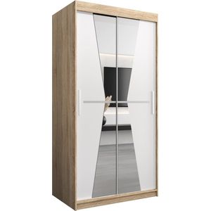 InspireMe - Kledingkast met 2 schuifdeuren, Modern-stijl, Een kledingkast met planken en een spiegel (BxHxD): 100x200x62 - TOTO 100 Sonoma Eik + Wit Mat