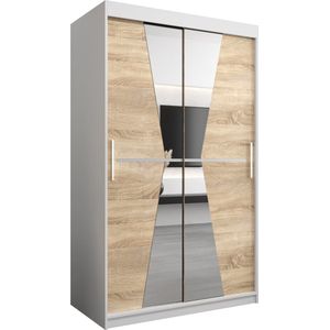 InspireMe - Kledingkast met 2 schuifdeuren, Modern-stijl, Een kledingkast met planken en een spiegel (BxHxD): 120x200x62 - TOTO 120 Wit Mat + Sonoma Eik