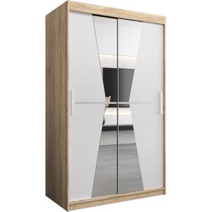 InspireMe - Kledingkast met 2 schuifdeuren, Modern-stijl, Een kledingkast met planken en een spiegel (BxHxD): 120x200x62 - TOTO 120 Sonoma Eik + Wit Mat met 2 lades