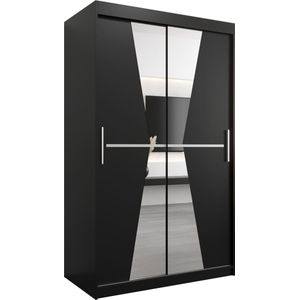 InspireMe - Kledingkast met 2 schuifdeuren, Modern-stijl, Een kledingkast met planken en een spiegel (BxHxD): 120x200x62 - TOTO 120 Zwart Mat met 2 lades