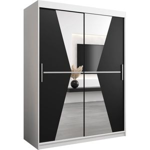 InspireMe - Kledingkast met 2 schuifdeuren, Modern-stijl, Een kledingkast met planken en een spiegel (BxHxD): 150x200x62 - TOTO 150 Wit Mat + Zwart