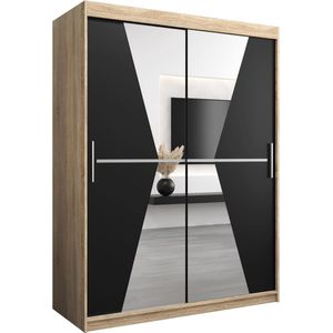 InspireMe - Kledingkast met 2 schuifdeuren, Modern-stijl, Een kledingkast met planken en een spiegel (BxHxD): 150x200x62 - TOTO 150 Sonoma Eik + Zwart Mat met 2 lades