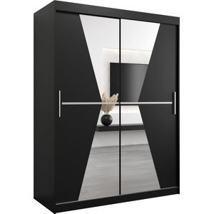 InspireMe - Kledingkast met 2 schuifdeuren, Modern-stijl, Een kledingkast met planken en een spiegel (BxHxD): 150x200x62 - TOTO 150 Zwart Mat met 2 lades