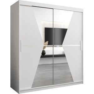 InspireMe - Kledingkast met 2 schuifdeuren, Modern-stijl, Een kledingkast met planken en een spiegel (BxHxD): 180x200x62 - TOTO 180 Wit Mat met 4 lades