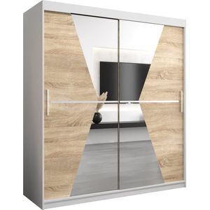 InspireMe - Kledingkast met 2 schuifdeuren, Modern-stijl, Een kledingkast met planken en een spiegel (BxHxD): 180x200x62 - TOTO 180 Wit Mat + Sonoma Eik