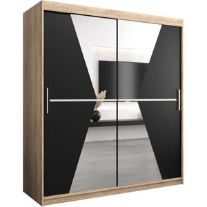 InspireMe - Kledingkast met 2 schuifdeuren, Modern-stijl, Een kledingkast met planken en een spiegel (BxHxD): 180x200x62 - TOTO 180 Sonoma Eik + Zwart Mat met 4 lades