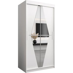 InspireMe - Kledingkast met 2 schuifdeuren, Modern-stijl, Een kledingkast met planken en een spiegel (BxHxD): 100x200x62 - BOLA 100 Wit Mat met 2 lades