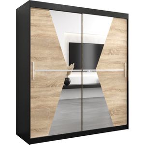 InspireMe - Kledingkast met 2 schuifdeuren, Modern-stijl, Een kledingkast met planken en een spiegel (BxHxD): 180x200x62 - TOTO 180 Zwart Mat + Sonoma Eik met 4 lades
