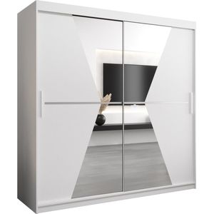 InspireMe - Kledingkast met 2 schuifdeuren, Modern-stijl, Een kledingkast met planken en een spiegel (BxHxD): 200x200x62 - TOTO 200 Wit Mat met 4 lades